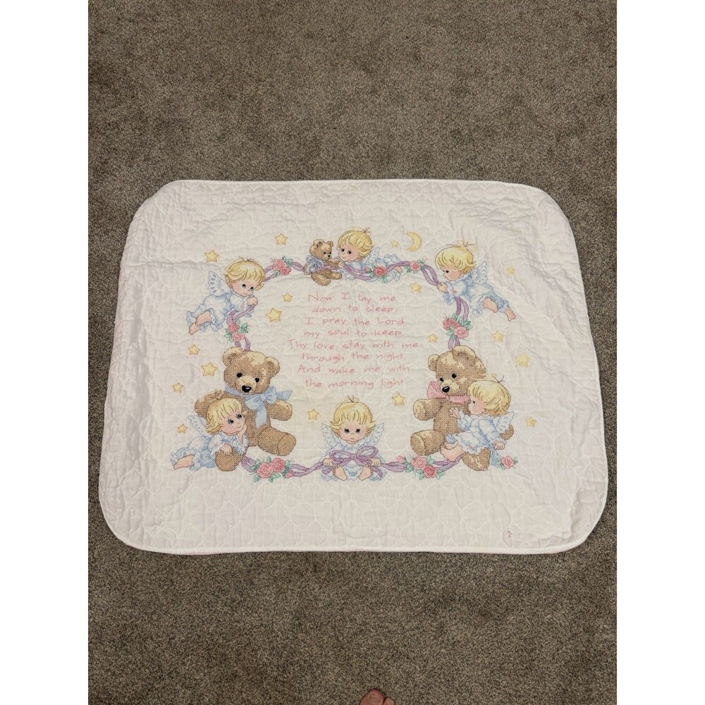 Vtg Complete Dimensions Night time Prayer Baby Blanket Quilt Stitch Angel Bears